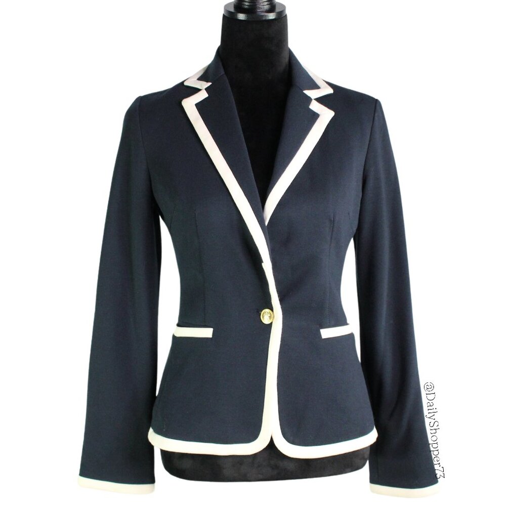 Ingni Japan Women's Navy Blue White Trim Gold Button Cotton Blend Blazer Jacket